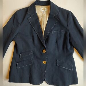 Talbots Cotton Linen Blazer Stitch Navy Blue White Buttons Gold Classic 14 P Pet